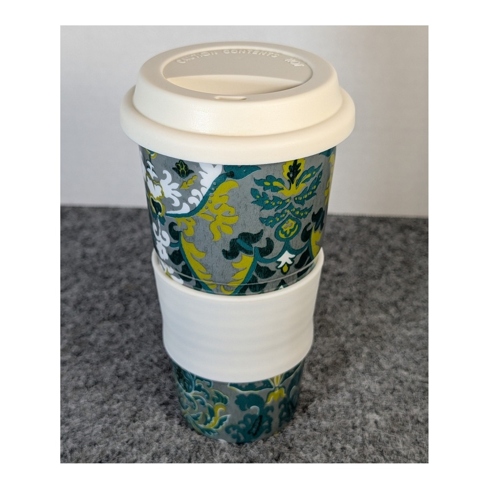 World Market Ceramic Travel Mug 16oz Teal Lime Damask with Rubber Lid and Grip